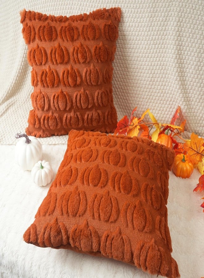GEEORY Fall Pillow Covers 18 x 18 Inch Set of 2, Fall Decorations Pumpkins Soft Plush Fluffy Faux Fur Wool Decorative Autumn Thanksgiving Farmhouse Cushion Case for Sofa Rust GC001-18 - Image 5