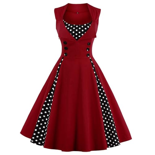 KILLREAL Women's Vintage Polka Dot Print A-Line Sleeveless Cocktail Party Casual Dress Wine Red Large - Image 1