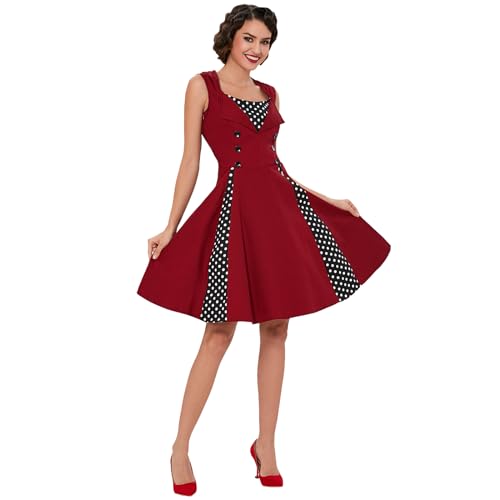 KILLREAL Women's Vintage Polka Dot Print A-Line Sleeveless Cocktail Party Casual Dress Wine Red Large - Image 3