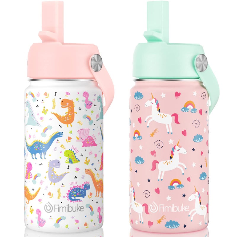 Fimibuke Kids Insulated Water Bottle, 14oz BPA FREE Double Wall Vacuum Tumbler 18/8 Stainless Steel Leak Proof Kids Cups with Straw Metal Bottle for School Boy Girl (2 Pack, UNICORN/WHITE DINOSAUR) - Image 1