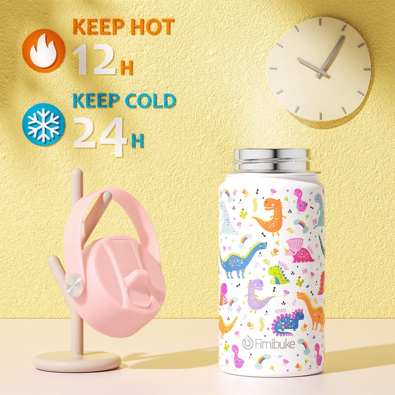 Fimibuke Kids Insulated Water Bottle, 14oz BPA FREE Double Wall Vacuum Tumbler 18/8 Stainless Steel Leak Proof Kids Cups with Straw Metal Bottle for School Boy Girl (2 Pack, UNICORN/WHITE DINOSAUR) - Image 3