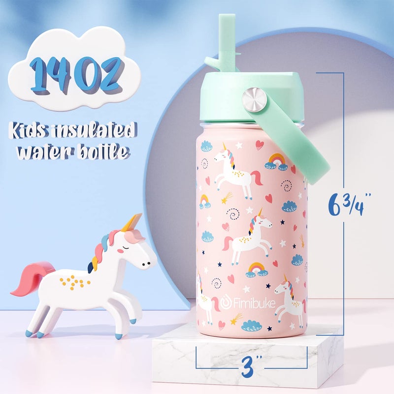 Fimibuke Kids Insulated Water Bottle, 14oz BPA FREE Double Wall Vacuum Tumbler 18/8 Stainless Steel Leak Proof Kids Cups with Straw Metal Bottle for School Boy Girl (2 Pack, UNICORN/WHITE DINOSAUR) - Image 2