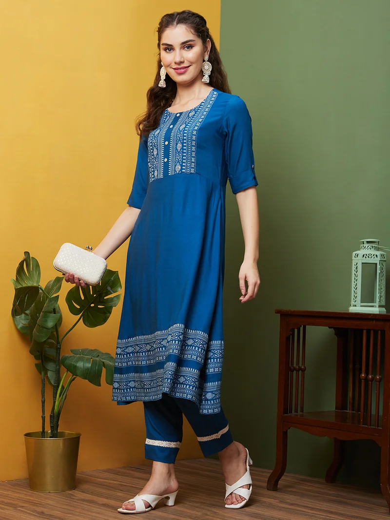 Women Blue Ethnic Motifs Printed Round Neck Regular Flared A-Line Kurta With Trouser