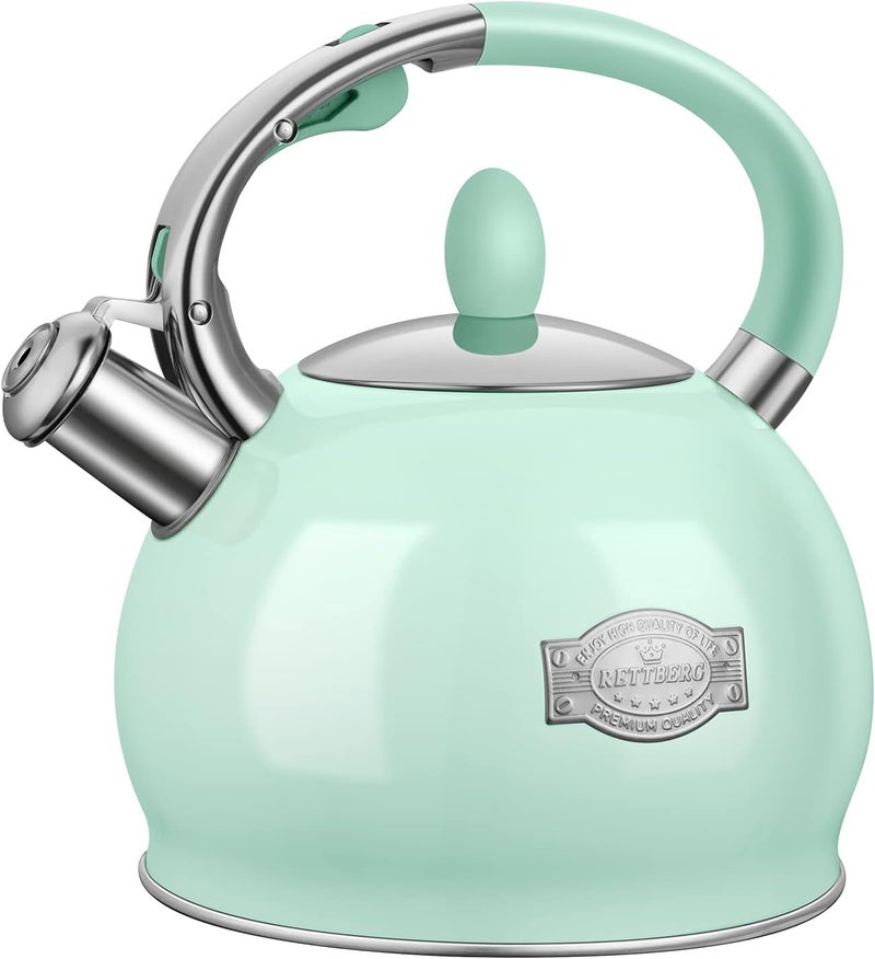 RETTBERG Tea Kettles Stovetop, 2.64 Quart Induction Whistling Tea Kettles Food Grade Stainless Steel Teapots with Cool Touch Handle Mint Green - Image 1