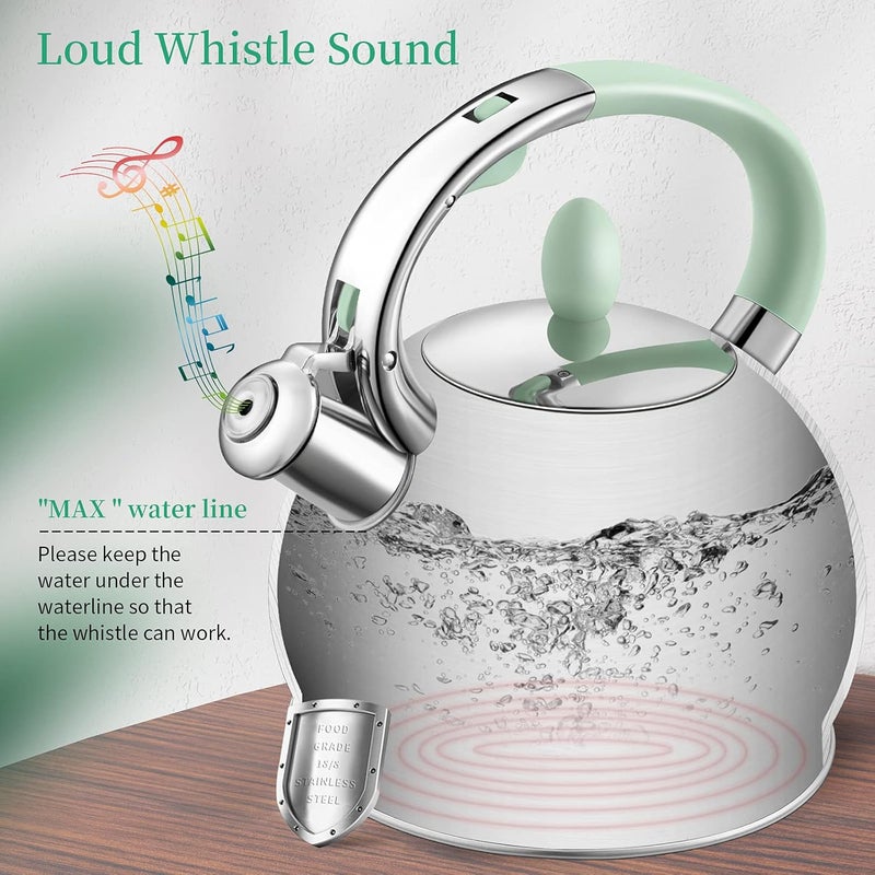 RETTBERG Tea Kettles Stovetop, 2.64 Quart Induction Whistling Tea Kettles Food Grade Stainless Steel Teapots with Cool Touch Handle Mint Green - Image 2