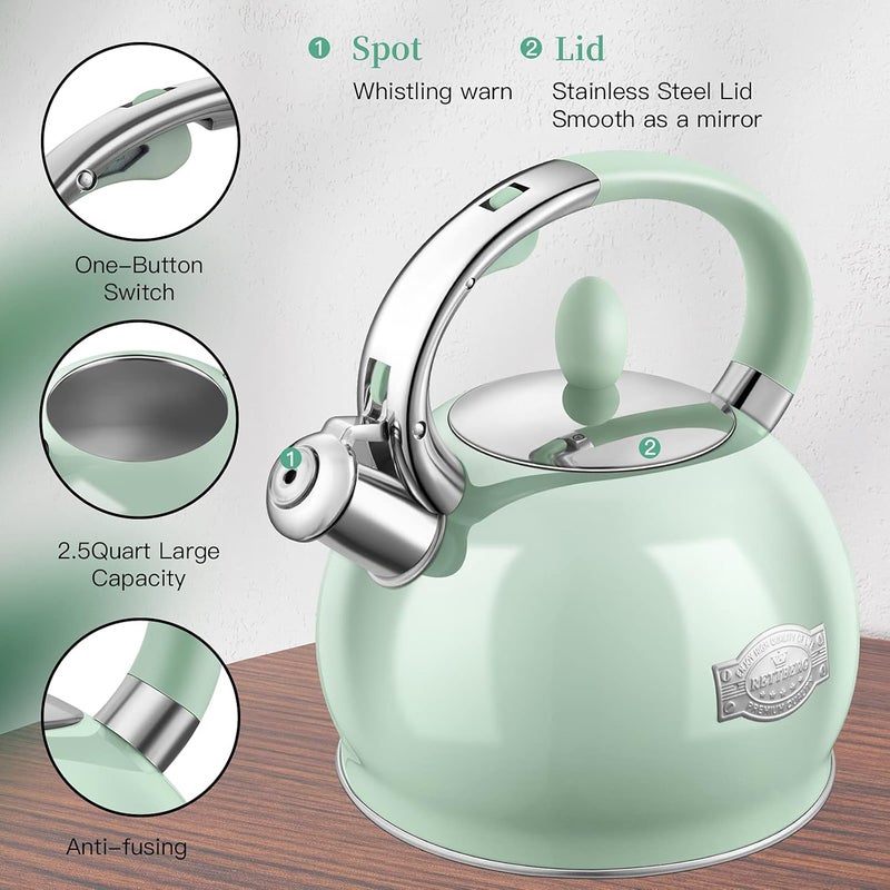 RETTBERG Tea Kettles Stovetop, 2.64 Quart Induction Whistling Tea Kettles Food Grade Stainless Steel Teapots with Cool Touch Handle Mint Green - Image 4