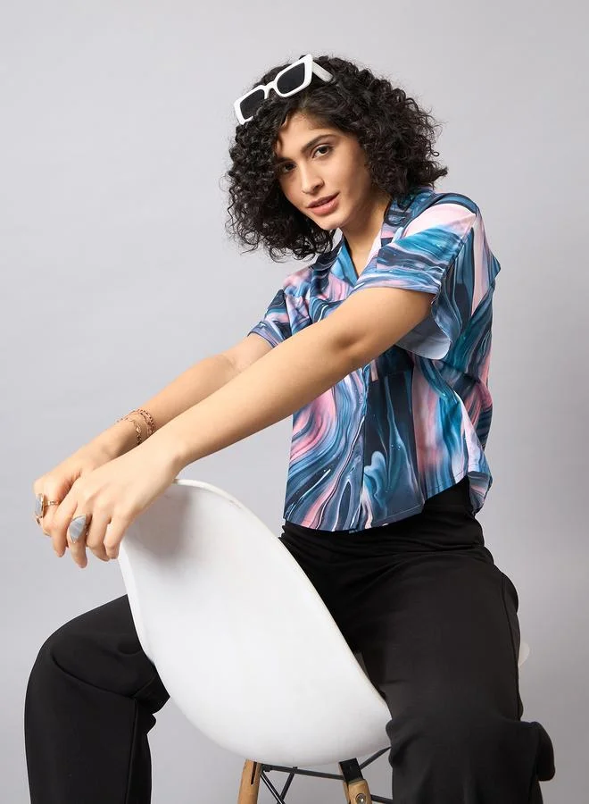 Kuwarii Multi Marbled Print Crop Shirt