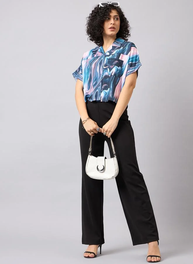 Kuwarii Multi Marbled Print Crop Shirt
