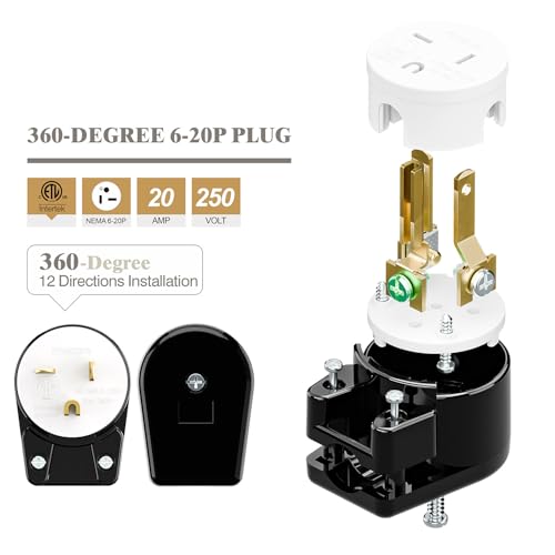 acbroad USA 3-Prong Male AC Plug, Right Angle ETL Nema 6-20P 3 Pole DIY Rewirable , 20A 250V USA 3Pin AC Connector, 12 Direction Rotatable Plug - Image 5