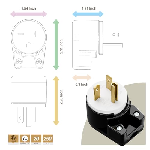 acbroad USA 3-Prong Male AC Plug, Right Angle ETL Nema 6-20P 3 Pole DIY Rewirable , 20A 250V USA 3Pin AC Connector, 12 Direction Rotatable Plug - Image 3