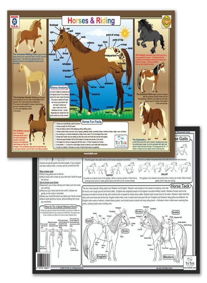 Tot Talk Horses and Riding Educational Placemat for Kids – Made in USA – Durable, Double-Sided, Placemat with Horse Breeds, Facts, Riding Styles & More – Waterproof, Wipeable, 17.5” x 11.5” - Image 1