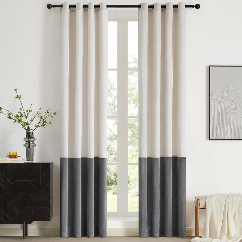 BULBUL Color Block Window Curtains Panels 84 inches Long Cream Ivory Grey Velvet Farmhouse Drapes for Bedroom Living Room Darkening Treatment with Grommet Set of 2