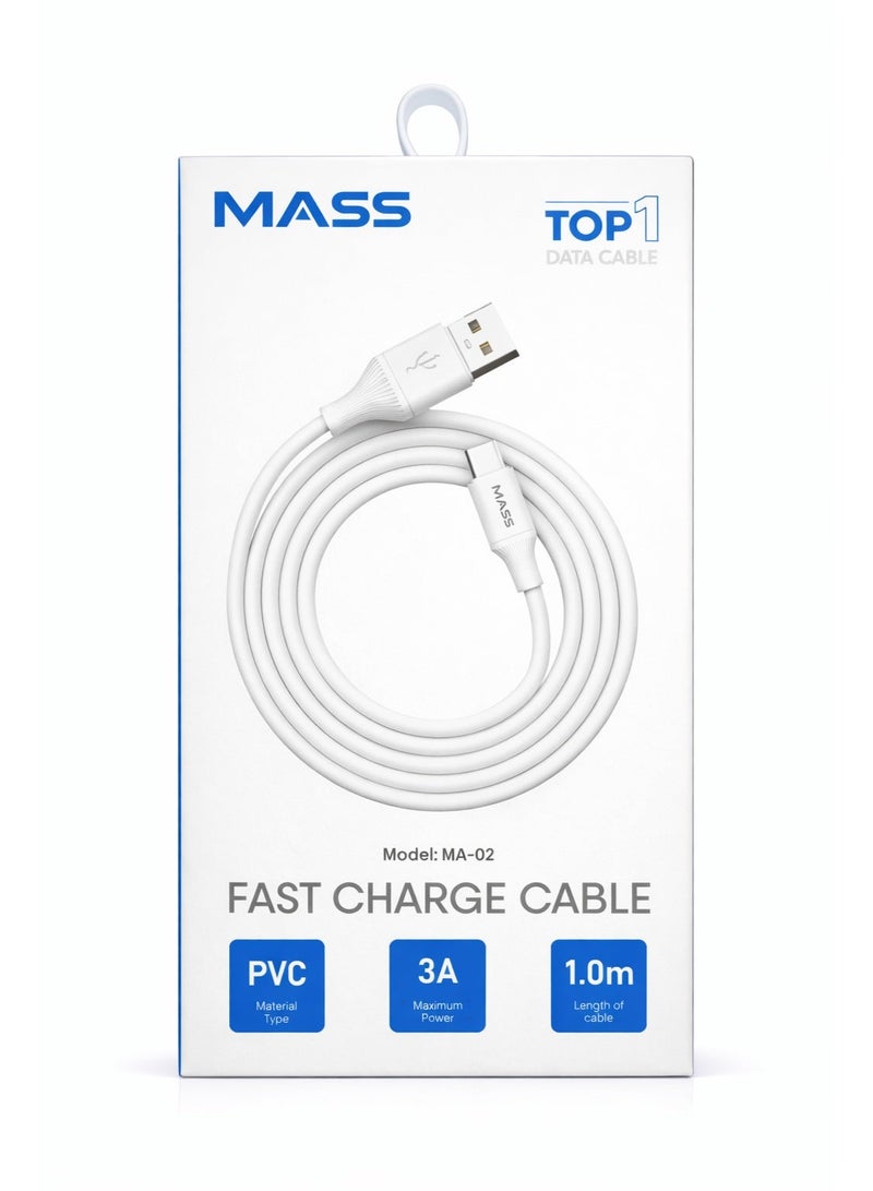 Mass Fast Charge Cable, Data & Charge | Nylon Protective | USB-C, White, Model: MA-02 - 1 Year Local Warranty. - Image 1