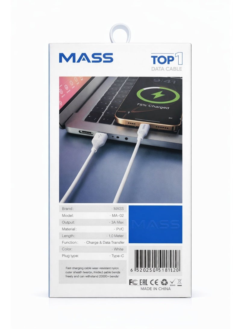 Mass Fast Charge Cable, Data & Charge | Nylon Protective | USB-C, White, Model: MA-02 - 1 Year Local Warranty. - Image 2