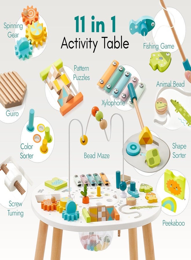 Giant bean® Wooden Activity Table for 1 Year Old, 11-in-1 Montessori Learning Table with Bead Maze, Shape Sorter, Fishing Game & More - Sensory Development Toy for Toddlers, Ideal 1st Birthday Gift - Image 2