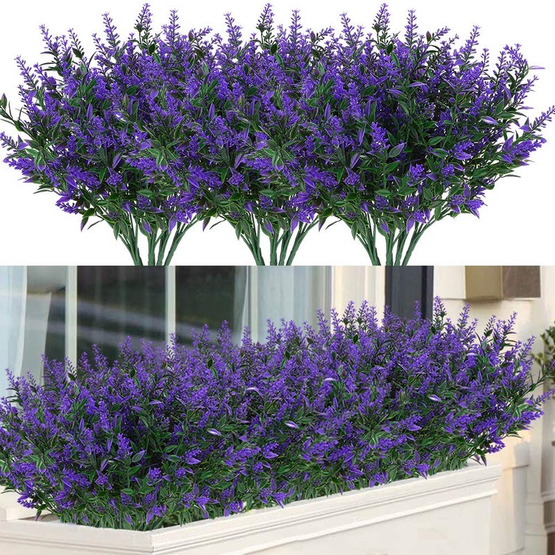 ArtBloom 8 Bundles Outdoor Artificial Lavender Fake Flowers UV Resistant Shrubs Faux Plastic Greenery for Indoor Outside Hanging Plants Garden Porch Window Box Home Wedding Farmhouse Decor Purple