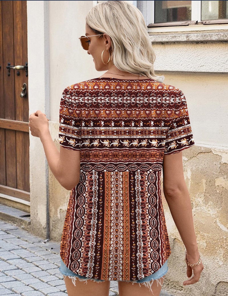 LOMON Women's Short Sleeve Tops V Neck Pleated T-Shirts Loose Casual Trendy Basic Tee Stripe Brown XL - Image 4