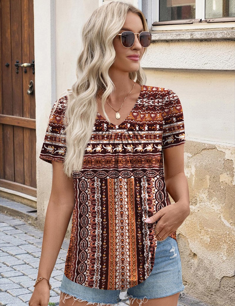 LOMON Women's Short Sleeve Tops V Neck Pleated T-Shirts Loose Casual Trendy Basic Tee Stripe Brown XL - Image 2