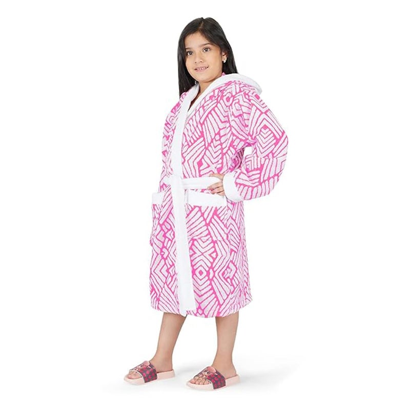 Rangoli 100% Cotton Jacquard Kids Bathrobe - Pink, 7-8 Years - Image 1