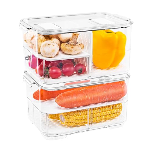 elabo Food Storage Containers Fridge Produce Saver Stackable Refrigerator Organizer Keeper Drawers Bins Baskets with Lids and Removable Drain Tray for Veggie Berry and Fruits 2 Large