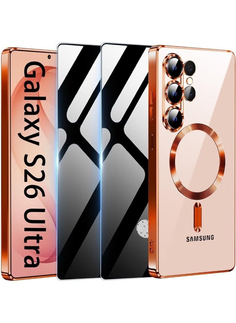 NEW Samsung Galaxy S26 Ultra Magnetic Case With 2x Tempered Glass Soft Glossy Luxury Cover Strong Magnetic Alignment Shockproof Drop Protection Protective Case For Galaxy S26 Ultra 6.9 Inch
