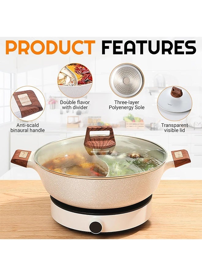 داريو قدر شابو شابو مزدوج 5 كوارت مع فاصل، قدر مطهي 12 بوصة بطبقة غير لاصقة، قدر مزدوج النكهة متعدد الوظائف متوافق مع موقد الحث، الغاز، الكهربائي والسيراميك – حجم عائلي - Image 2