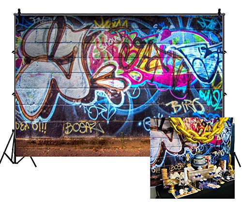 Leowefowa 7x5ft Graffiti Backdrop 80s Hip Hop Backdrops for Photography Hand Drawing Mural Painting on Brick Wall Vinyl Photo Background Boys Adults Party Room Wallpaper Studio Props