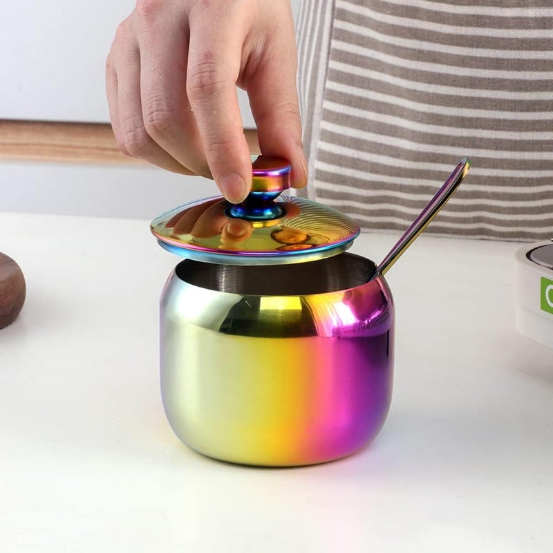 TUPMFG 3-Piece Seasoning Box with Spoon and Lid 304 Stainless Steel Condiment Canisters Pots Seasoning Jars for Spice Salt Sugar-Rainbow - Image 4