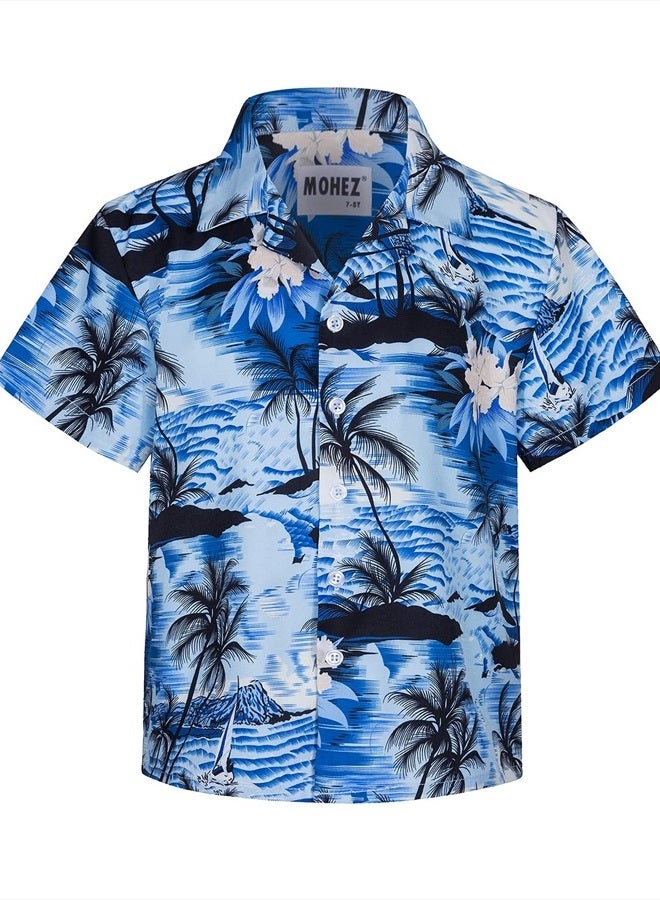 MOHEZ Little & Big Boys Hawaiian Shirts Short Sleeve Hawaii Summer Beach Tropical Casual Aloha Luau Shirts Top for Kids Light Blue 13-14 Years Old - Image 2