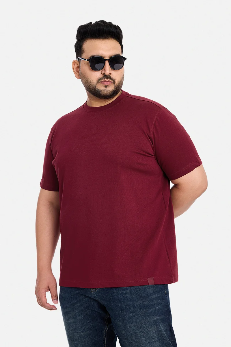 سنيتش Maroon Solid Regular Fit Casual Plus Size T-Shirt
