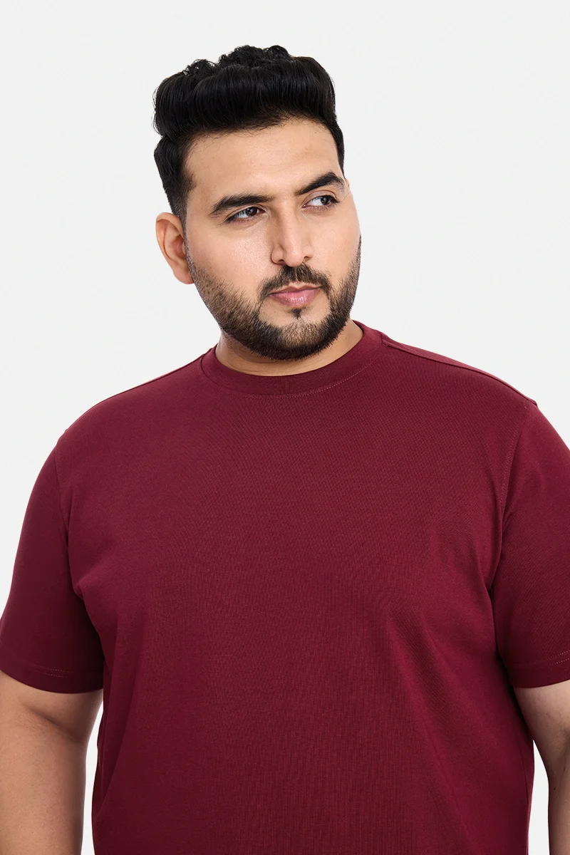 سنيتش Maroon Solid Regular Fit Casual Plus Size T-Shirt