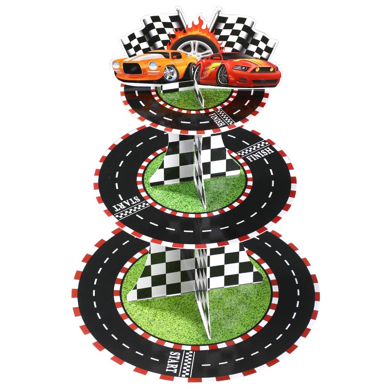Nuenen 3 Tier Race Car Cupcake Stand Car Theme Cardboard Dessert Stand for Boys Kids Birthday Party Supplies Decorations