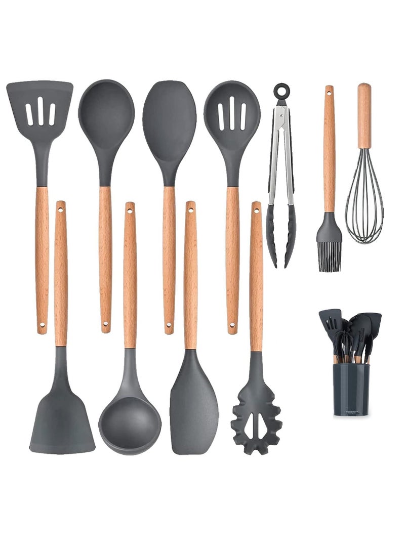 SYOSI أدوات الطبخ السيليكونية مجموعة أدوات المطبخ، 12 قطعة مقبض خشبي غير سامة خالية من BPA ملعقة سلاطون ملعقة تحويل ملاقط أدوات المطبخ مجموعة للأواني غير اللاصقة مع حامل - Image 1