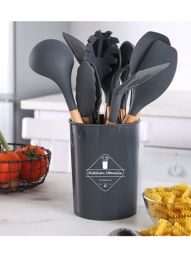 SYOSI أدوات الطبخ السيليكونية مجموعة أدوات المطبخ، 12 قطعة مقبض خشبي غير سامة خالية من BPA ملعقة سلاطون ملعقة تحويل ملاقط أدوات المطبخ مجموعة للأواني غير اللاصقة مع حامل - Image 2