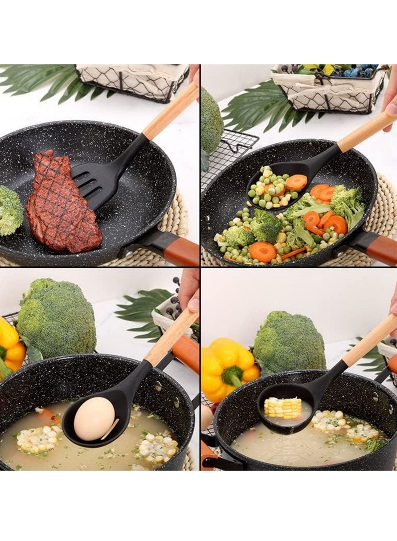 SYOSI أدوات الطبخ السيليكونية مجموعة أدوات المطبخ، 12 قطعة مقبض خشبي غير سامة خالية من BPA ملعقة سلاطون ملعقة تحويل ملاقط أدوات المطبخ مجموعة للأواني غير اللاصقة مع حامل - Image 3