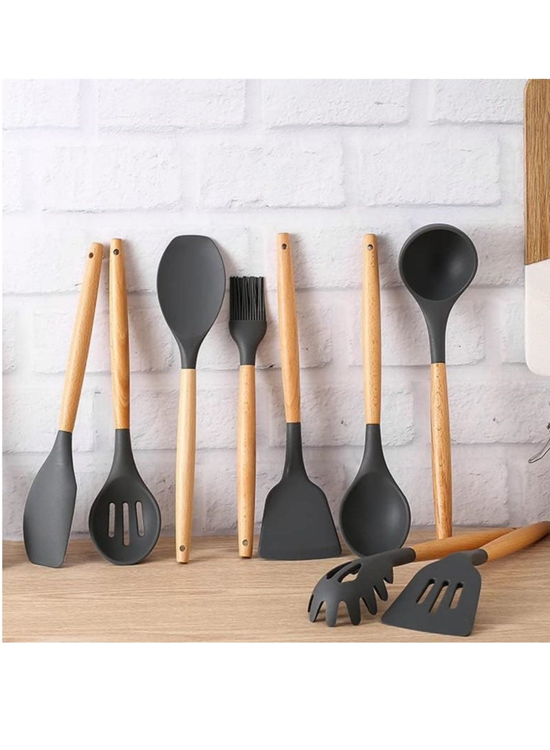 SYOSI أدوات الطبخ السيليكونية مجموعة أدوات المطبخ، 12 قطعة مقبض خشبي غير سامة خالية من BPA ملعقة سلاطون ملعقة تحويل ملاقط أدوات المطبخ مجموعة للأواني غير اللاصقة مع حامل - Image 5