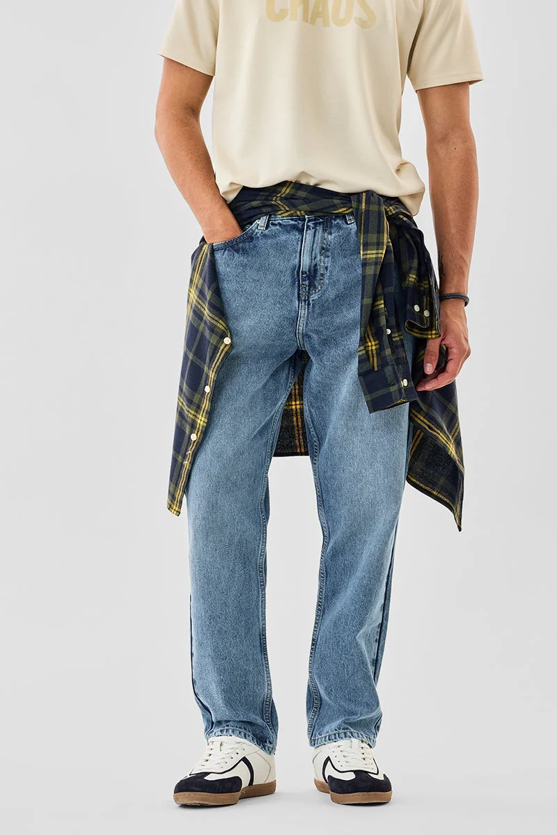 سنيتش Mid Blue Solid Loose Fit Casual Jeans