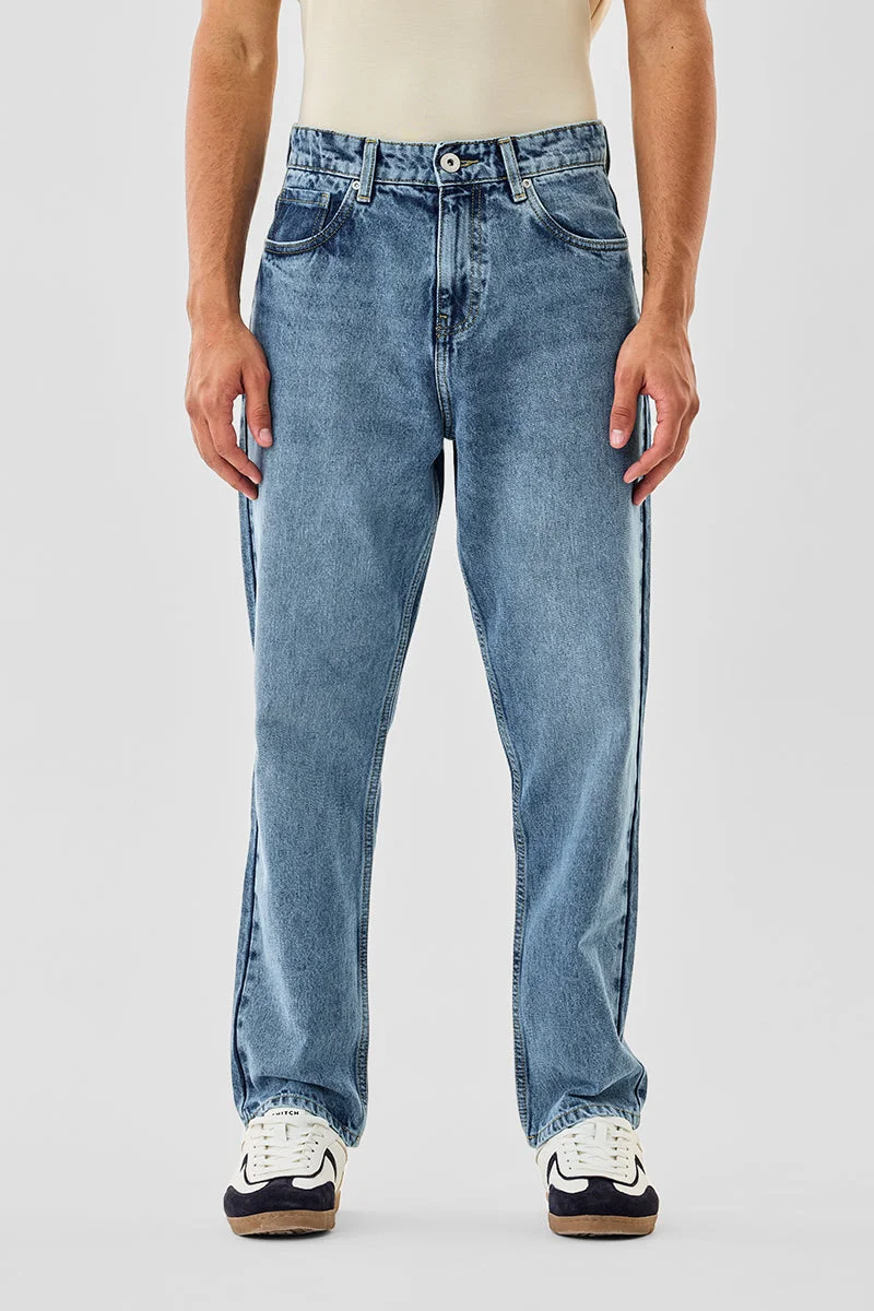 SNITCH Mid Blue Mid Blue Solid Loose Fit Casual Jeans for Men | Best Price UAE