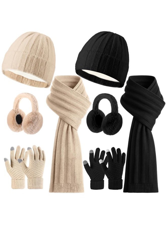 Suhine 8 Pcs Winter Beanie Hat Scarf Gloves Ear Warmer set Warm Fleece Knit Hat Touch Screen Gloves Earmuff for Women men, Black, Beige, One size - Image 1
