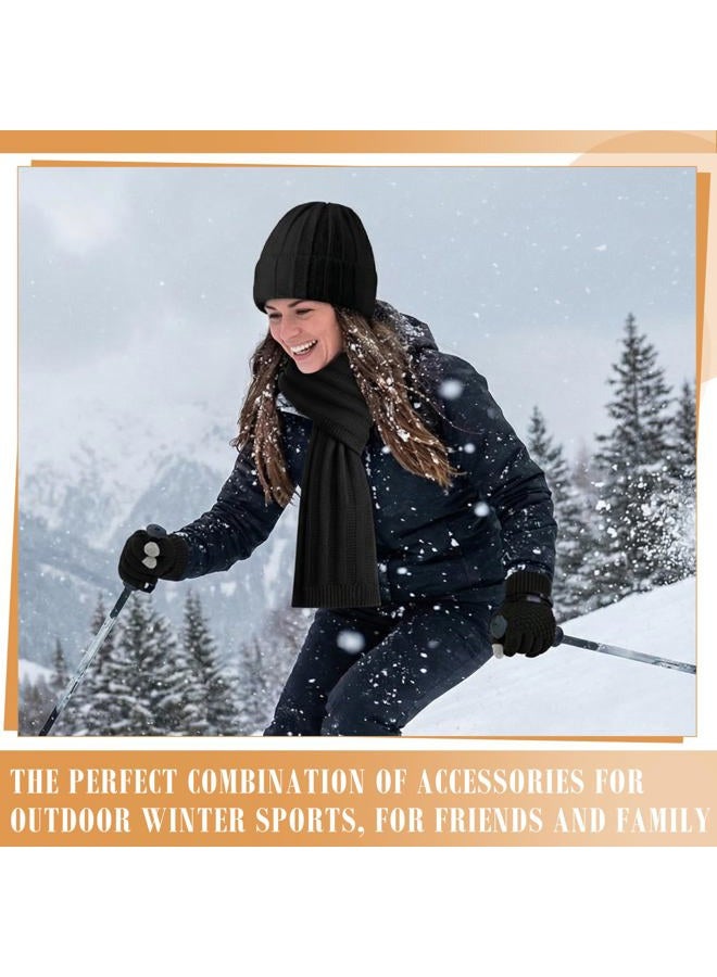 Suhine 8 Pcs Winter Beanie Hat Scarf Gloves Ear Warmer set Warm Fleece Knit Hat Touch Screen Gloves Earmuff for Women men, Black, Beige, One size - Image 5