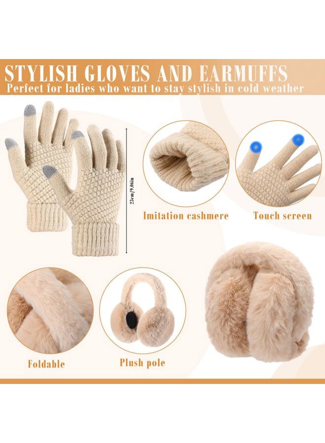 Suhine 8 Pcs Winter Beanie Hat Scarf Gloves Ear Warmer set Warm Fleece Knit Hat Touch Screen Gloves Earmuff for Women men, Black, Beige, One size - Image 4
