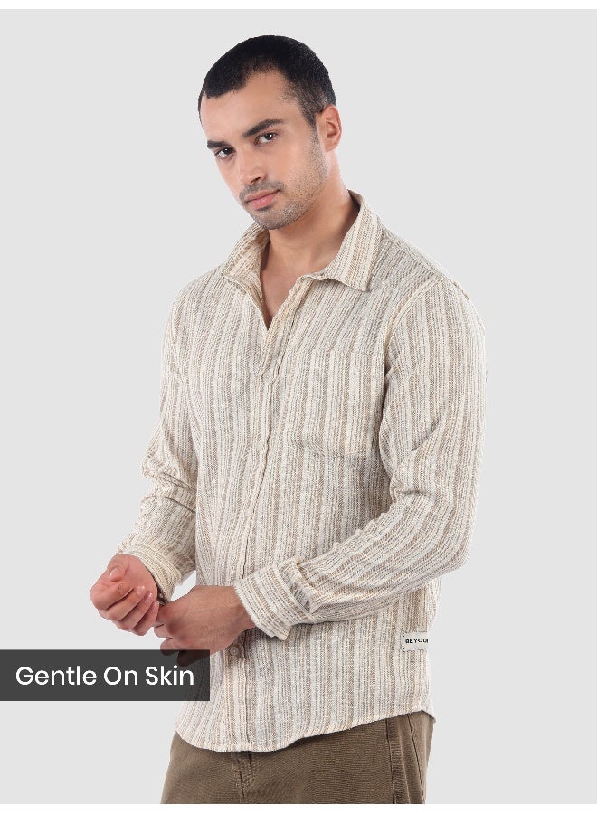Beyoung Beige Dual Stripe Cotton Shirt - Image 2