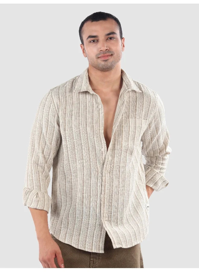 Beyoung Beige Dual Stripe Cotton Shirt