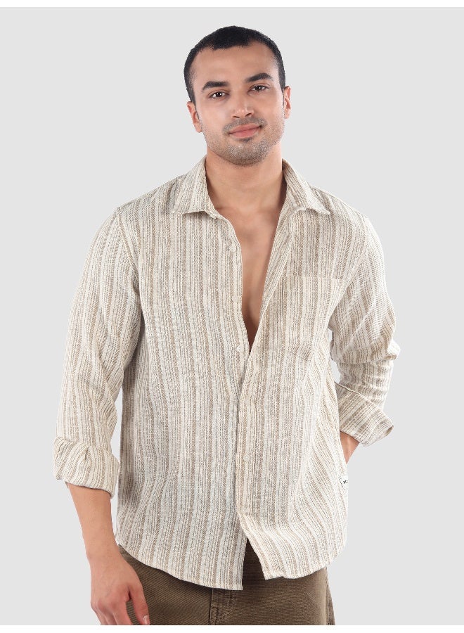 Beyoung Beige Dual Stripe Cotton Shirt - Image 1