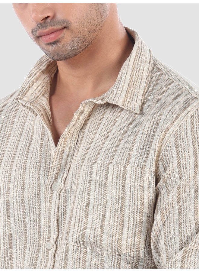 Beyoung Beige Dual Stripe Cotton Shirt - Image 4