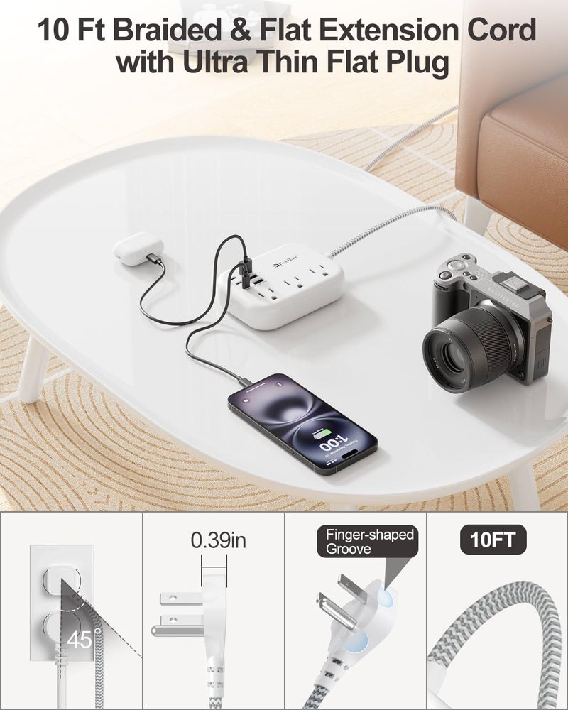 Beeiker 6 USB(3 USB C) Surge Protector Power Strip- Extension Cord 10 Ft with 24W USB Charging Station and 3 Outlets, Flat Plug Long Braided Extension Cord with Multiple Outlets for Home Office College Dorm - Image 3