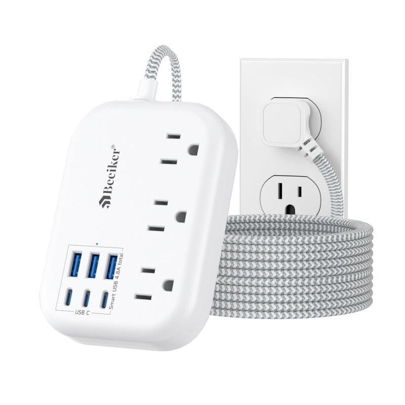 Beeiker 6 USB(3 USB C) Surge Protector Power Strip- Extension Cord 10 Ft with 24W USB Charging Station and 3 Outlets, Flat Plug Long Braided Extension Cord with Multiple Outlets for Home Office College Dorm - Image 1