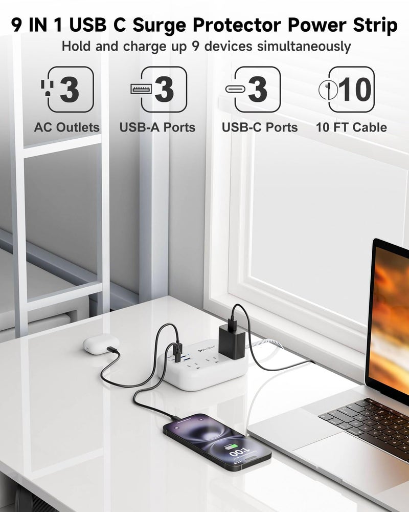Beeiker 6 USB(3 USB C) Surge Protector Power Strip- Extension Cord 10 Ft with 24W USB Charging Station and 3 Outlets, Flat Plug Long Braided Extension Cord with Multiple Outlets for Home Office College Dorm - Image 4