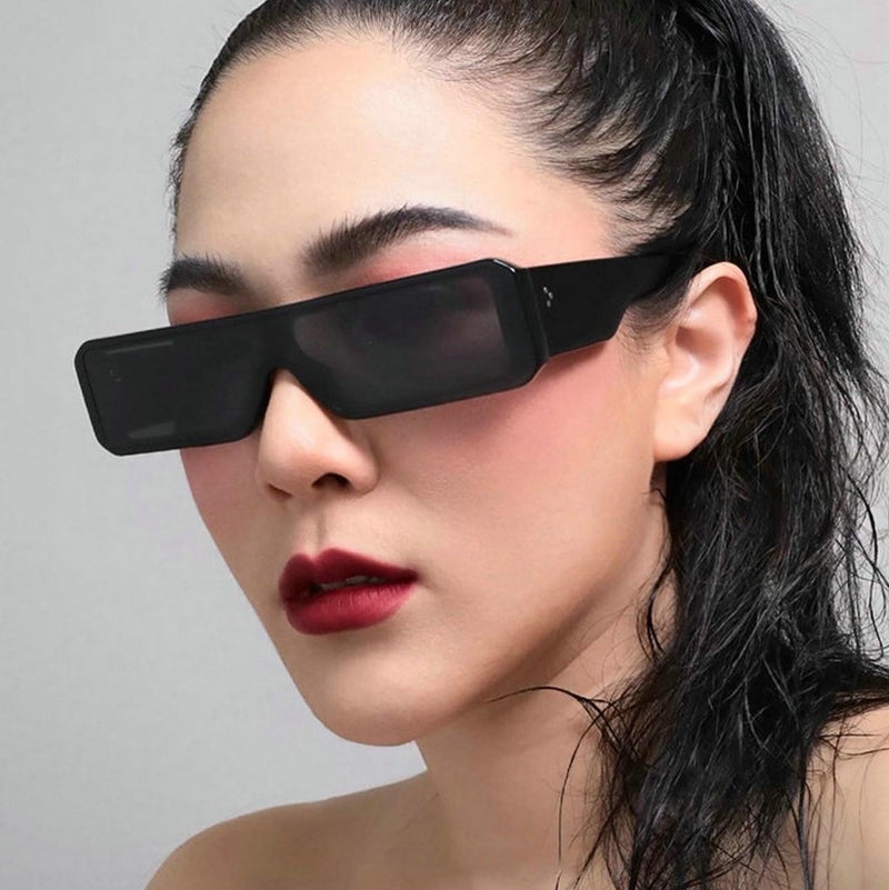 willochra Small Sunglasses for Women Men Futuristic Alien Geth Black Rectangle Glossy Frame 90s Cool Tiny Shades F27 (black) - Image 2