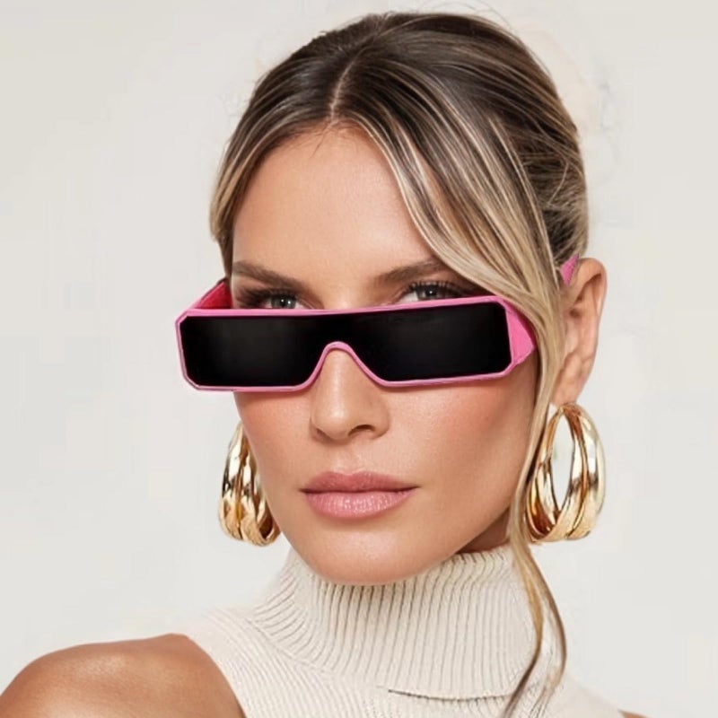 willochra Small Sunglasses for Women Men Futuristic Alien Geth Black Rectangle Glossy Frame 90s Cool Tiny Shades F27 (black) - Image 4